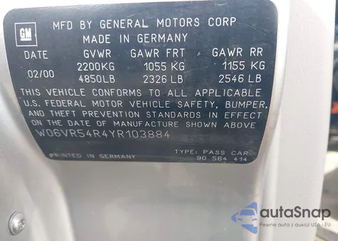 2000 Cadillac Catera Standard z USA, uszkodzony, nr VIN W06VR54R4YR103884